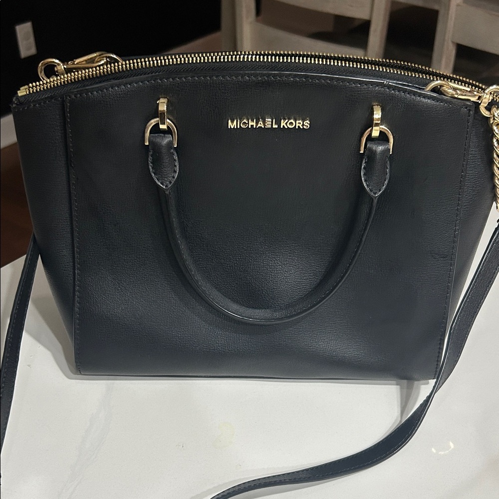 Michael Kors Black Leather Satchel with Gold Accents